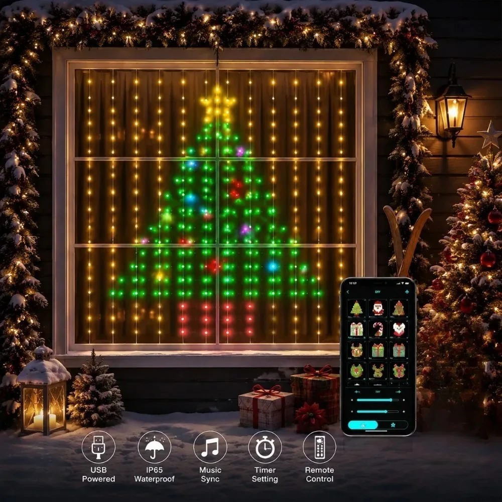 Smart Home Control - LED-Pixel-Lichtvorhang mit Bluetooth-App-Steuerung, RGB-Smart-Lichterkette, DIY-Fensterdekoration für